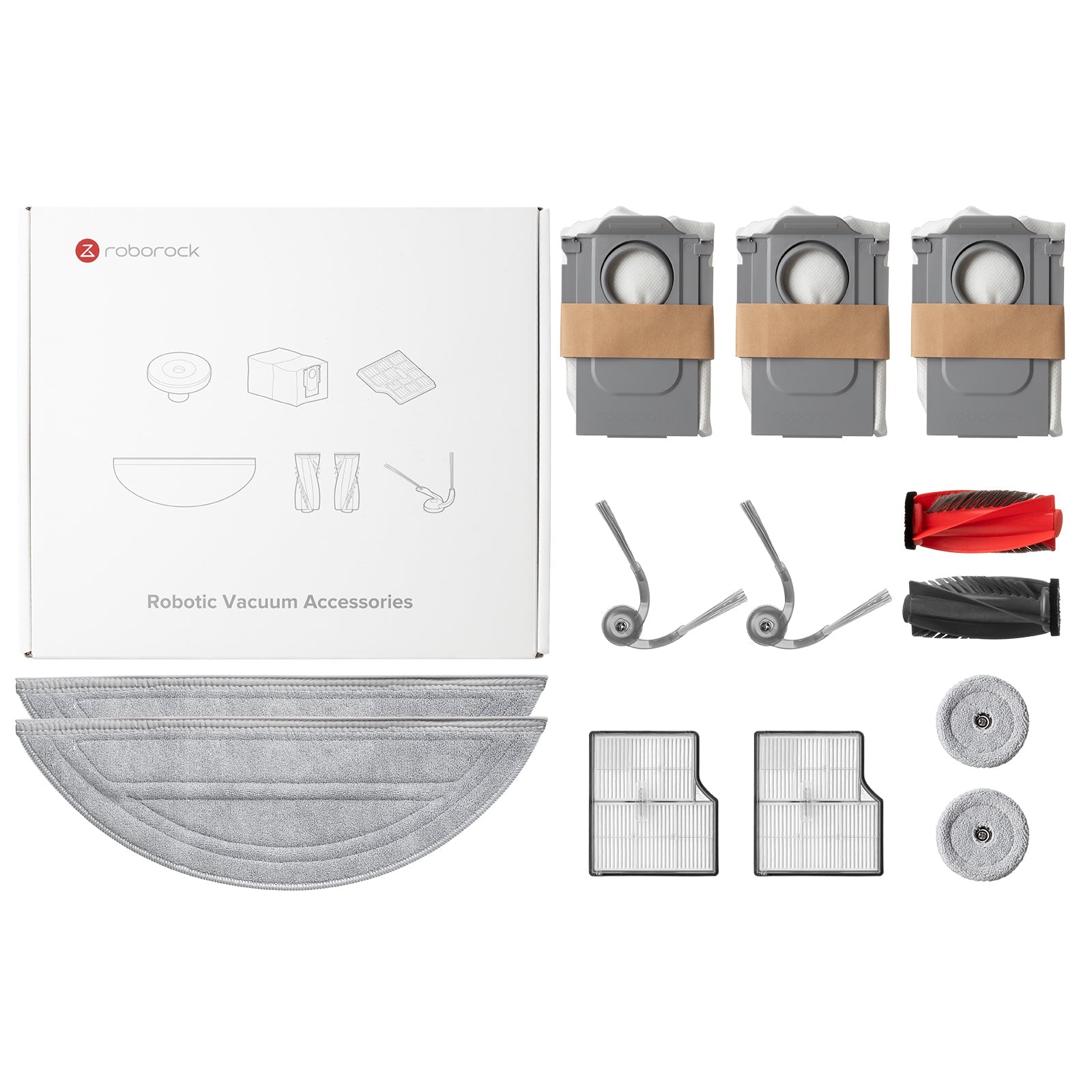 Set de accesorii Roborock pentru Saros 10, inclusiv 2 mop-uri, 3 pungi de praf, 1 perie principală, 2 perii laterale, 2 filtre și 2 mop-uri laterale