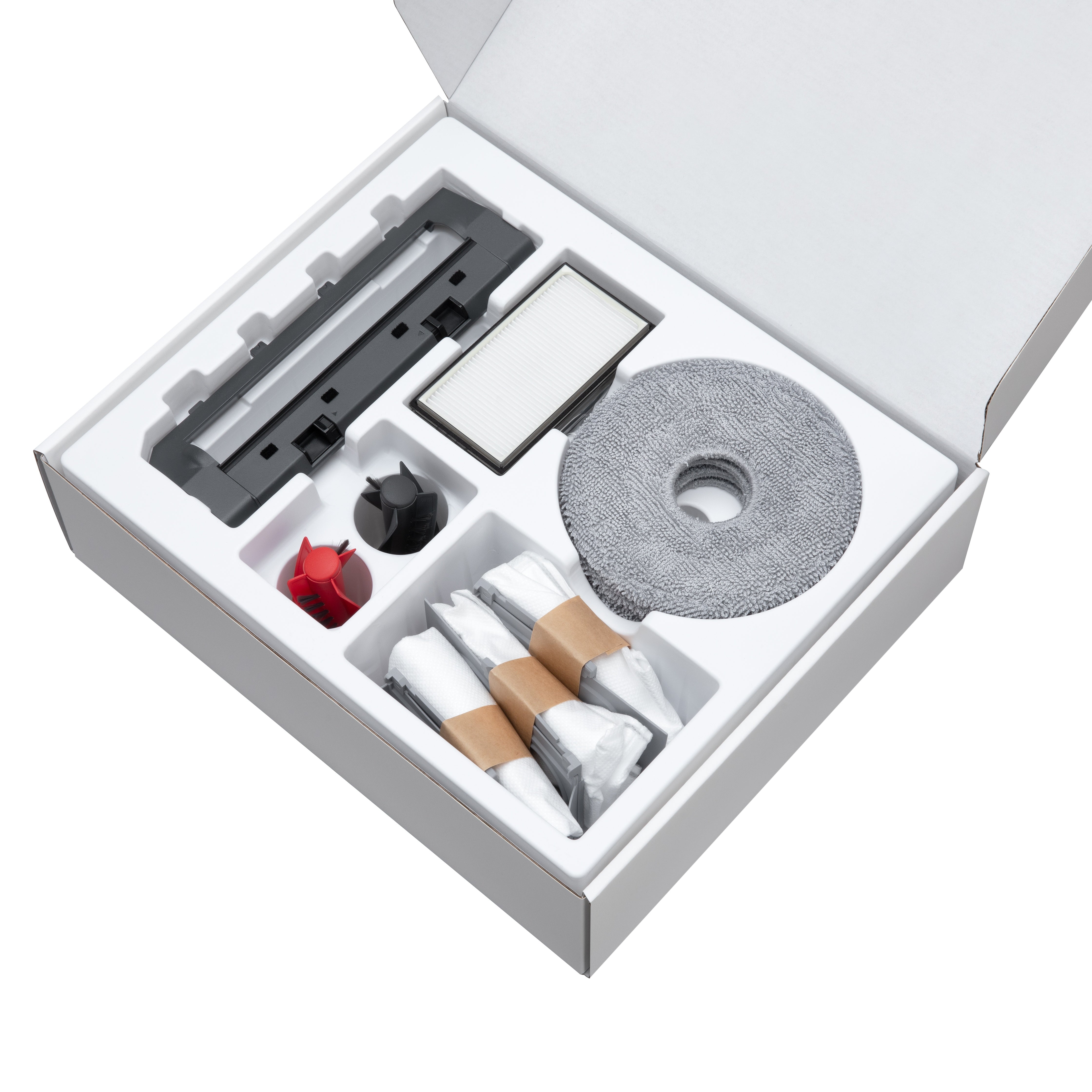 Set de accesorii Roborock pentru Saros 10R, inclusiv 4 mop-uri rotative, 3 pungi de praf, 1 capac pentru peria principală, 1 perie principală și 2 perii laterale